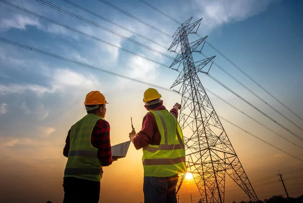 Rede elétrica de transmissão de energia ao entardecer representando a infraestrutura da matriz brasileira