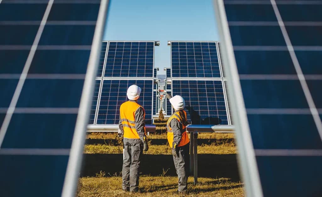 Vista de uma usina de energia solar fotovoltaica de grande porte sob céu azul