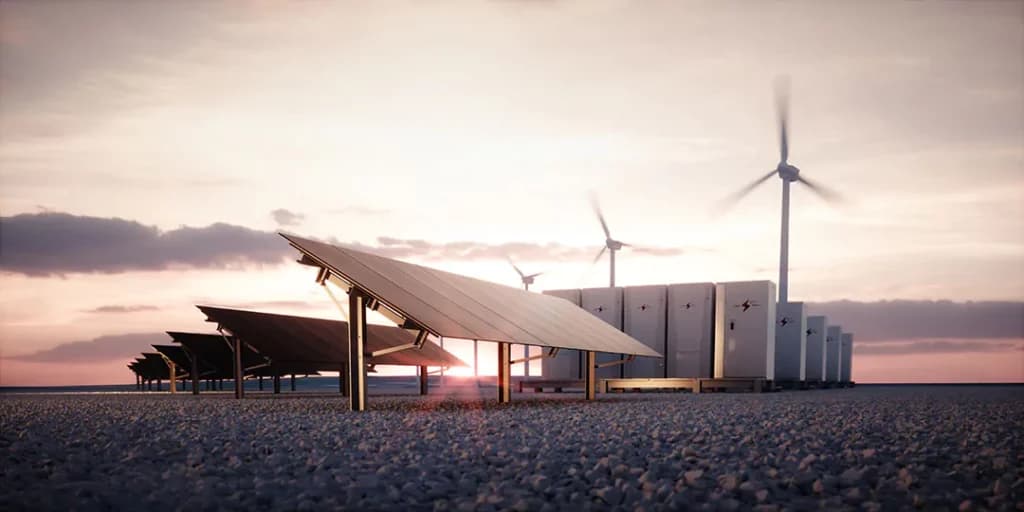 Conceito de energia sustentável com painéis solares e sistemas de armazenamento por baterias