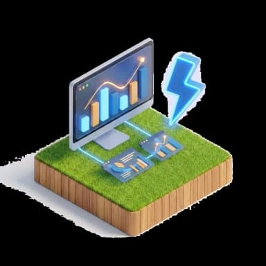 Ilustração isométrica de um monitor com dashboard de gráficos em tempo real e um raio azul, representando uma plataforma 100% digital e ágil
