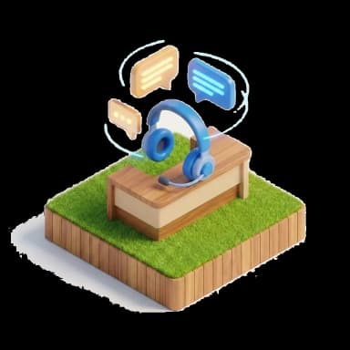 Ilustração isométrica de um headset de atendimento sobre um balcão com balões de conversa, representando suporte dedicado em cada etapa