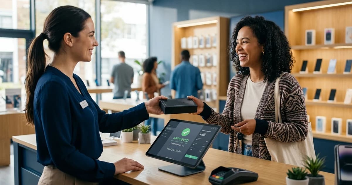 Vendedor de loja de celulares mostra aprovação de crédito em tablet no balcão enquanto cliente segura smartphone novo.