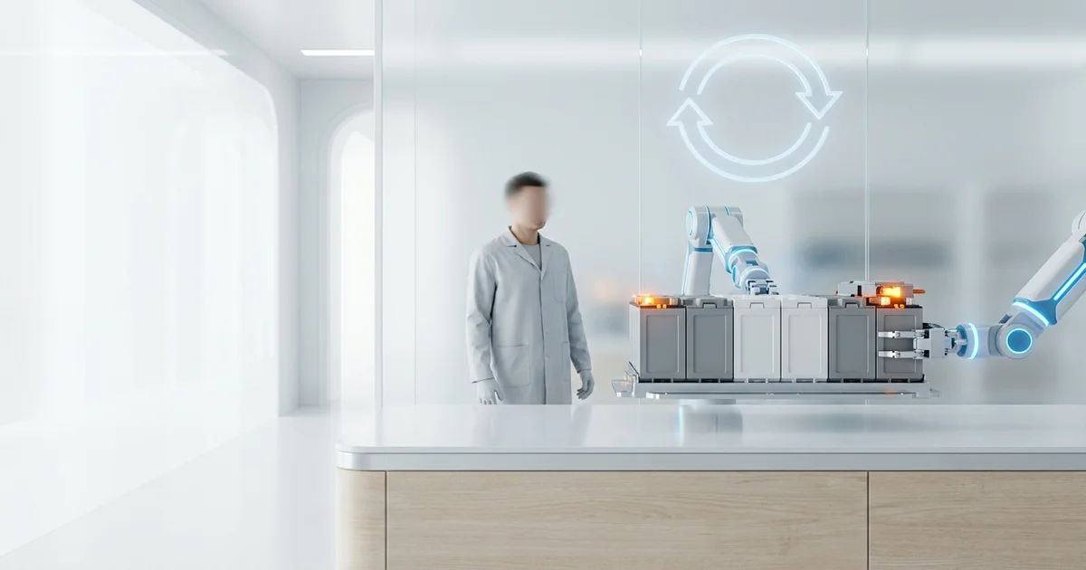 Bateria de tração de um veículo elétrico removida do chassi, ao lado de um módulo de armazenamento de energia estacionário, representando a segunda vida da bateria antes da reciclagem final.
