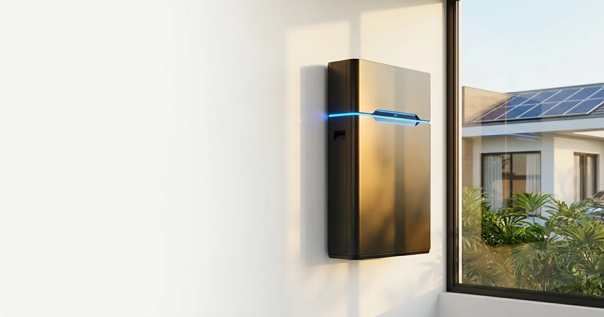 Bateria de armazenamento de energia instalada em parede de residência moderna, com painéis solares ao fundo e luz natural entrando pela janela.