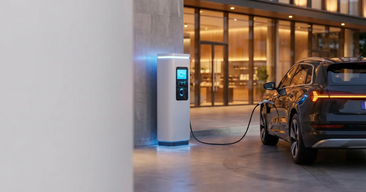 Garagem de condomínio com wallbox instalado na parede ao lado de vaga de veículo elétrico, iluminação moderna e piso cinza.
