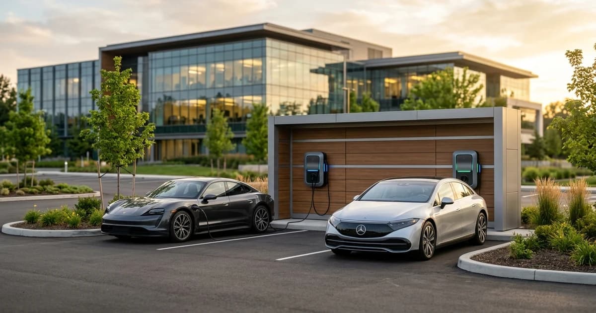 Estacionamento corporativo com carregadores wallbox em fila e veículos elétricos conectados à recarga ao fim da tarde.