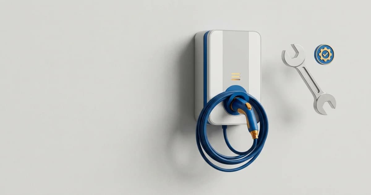 Técnico eletricista revisando um carregador wallbox residencial montado na parede de uma garagem, com um veículo elétrico conectado ao fundo.