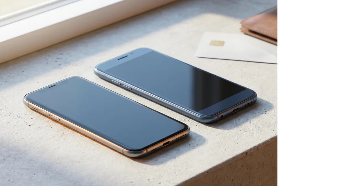 Cliente compara dois smartphones em uma loja de celulares, um com etiqueta discreta de importado e outro de nacional, ambiente moderno em azul e branco.