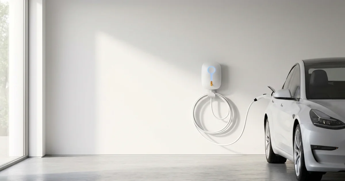 Wallbox residencial instalado na parede de uma garagem com um veículo elétrico conectado para recarga.