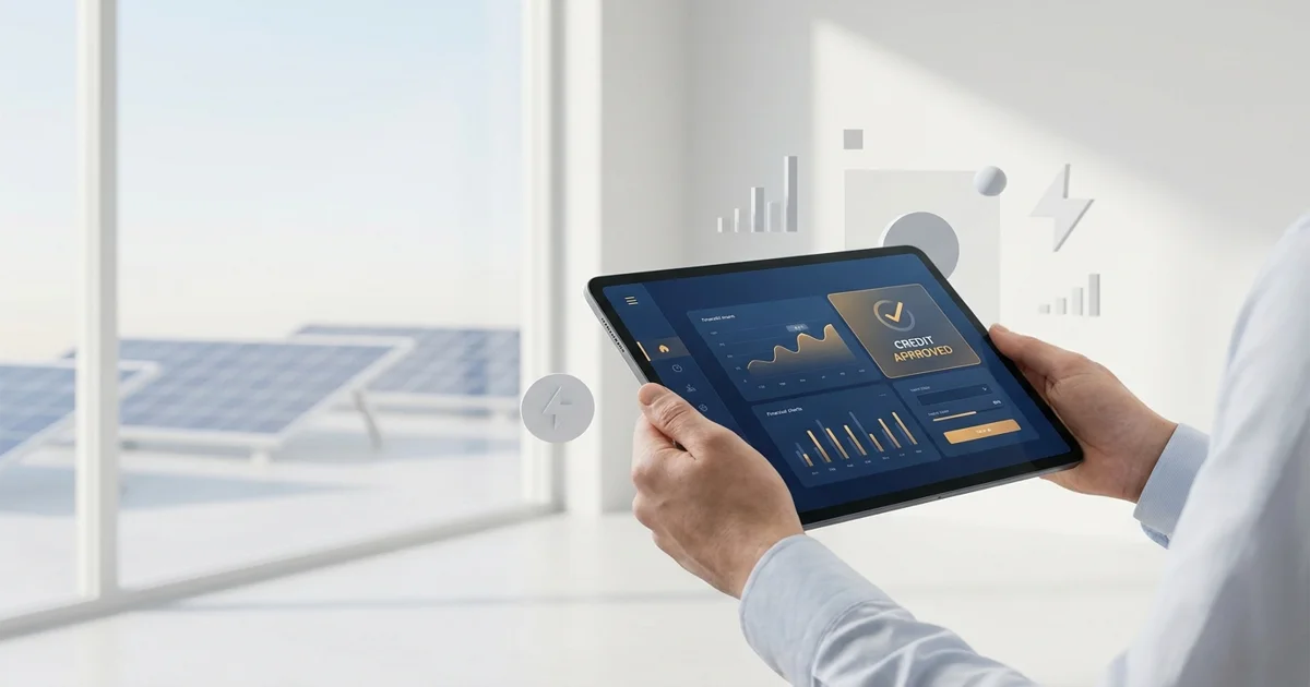 Integrador fotovoltaico mostrando simulação de crédito em tablet para cliente em residência com painéis solares ao fundo.