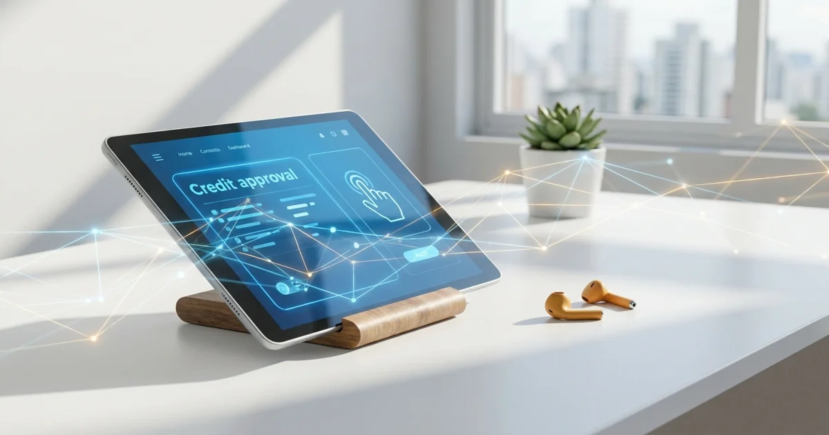 Integrador fotovoltaico e cliente analisam proposta de crédito em um tablet durante o fechamento da venda, com painéis solares ao fundo.