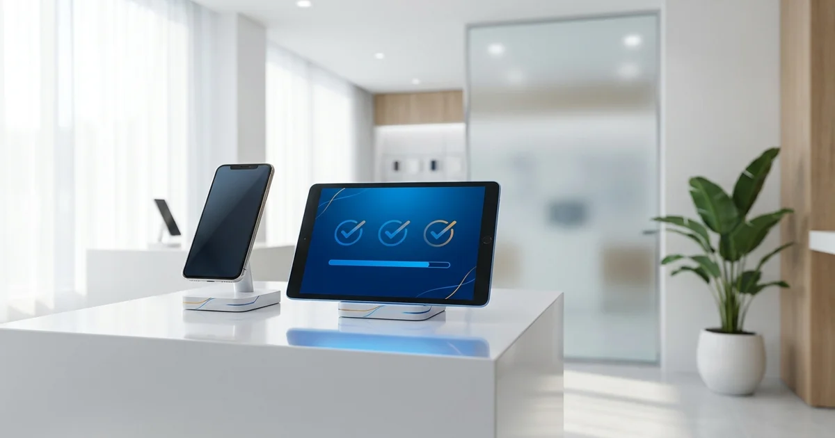 Lojista mostrando tablet com aprovação de crédito para cliente em balcão de loja de celulares, ambiente de varejo moderno e iluminado.