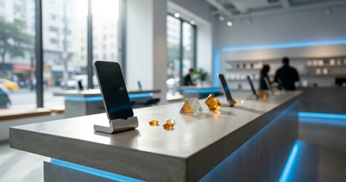 Vendedor de loja de celulares avaliando um smartphone seminovo no balcão, com tablet mostrando simulação de crédito aprovada.