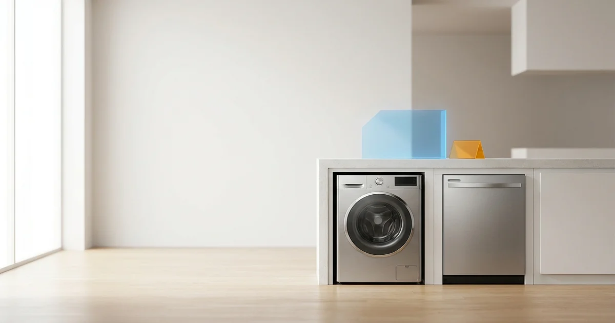 Cozinha residencial moderna e clara equipada com geladeira, fogão e outros eletrodomésticos de linha branca.