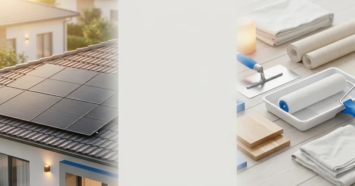 Casa residencial com um lado em obra de reforma e o outro lado com painel solar instalado no telhado, representando a decisão entre energia solar e reforma.