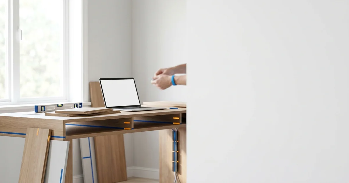 Home office residencial montado em quarto convertido, com mesa de madeira clara, cadeira ergonômica e luz natural de janela.