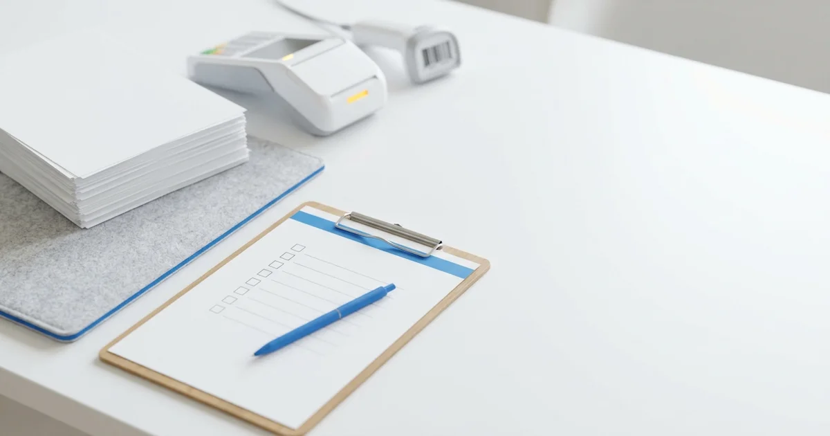 Dono de pequena empresa confere um checklist de documentos em um tablet, com uma máquina de trabalho ao fundo em um ambiente comercial.