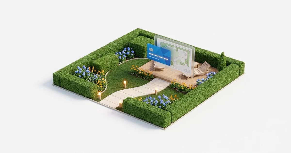 Jardim residencial brasileiro com paisagismo bem cuidado e iluminação externa ao entardecer.
