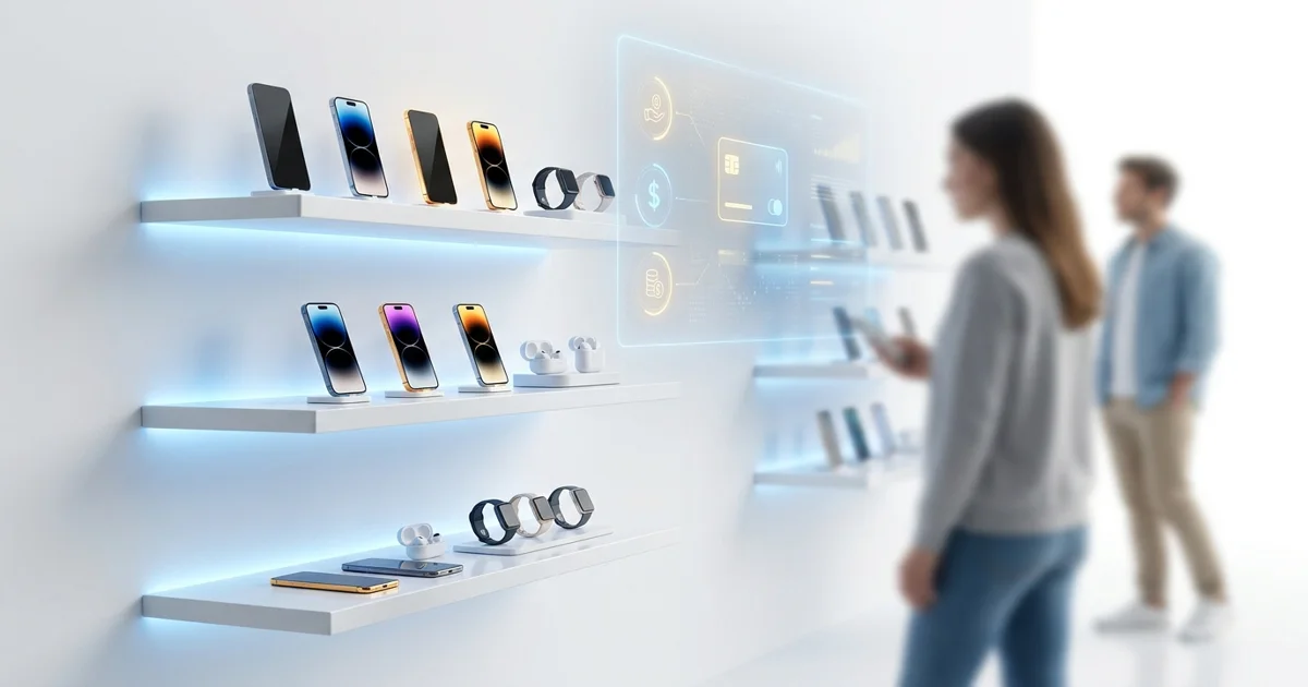 Lojista de celulares atende cliente em loja moderna, com tablet mostrando tela de aprovação de crédito, ambiente com fundo azul e branco.