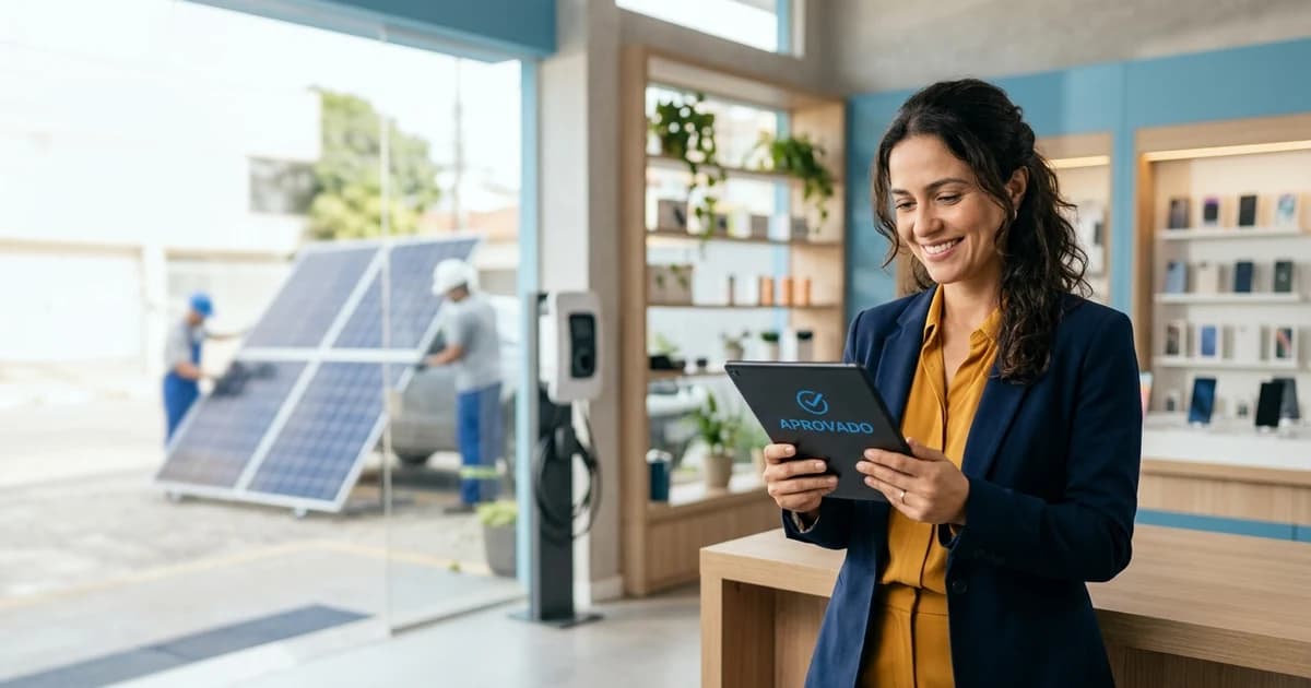 Dono de pequena empresa analisa em tablet uma proposta de crédito para equipar o negócio, em ambiente de comércio brasileiro.