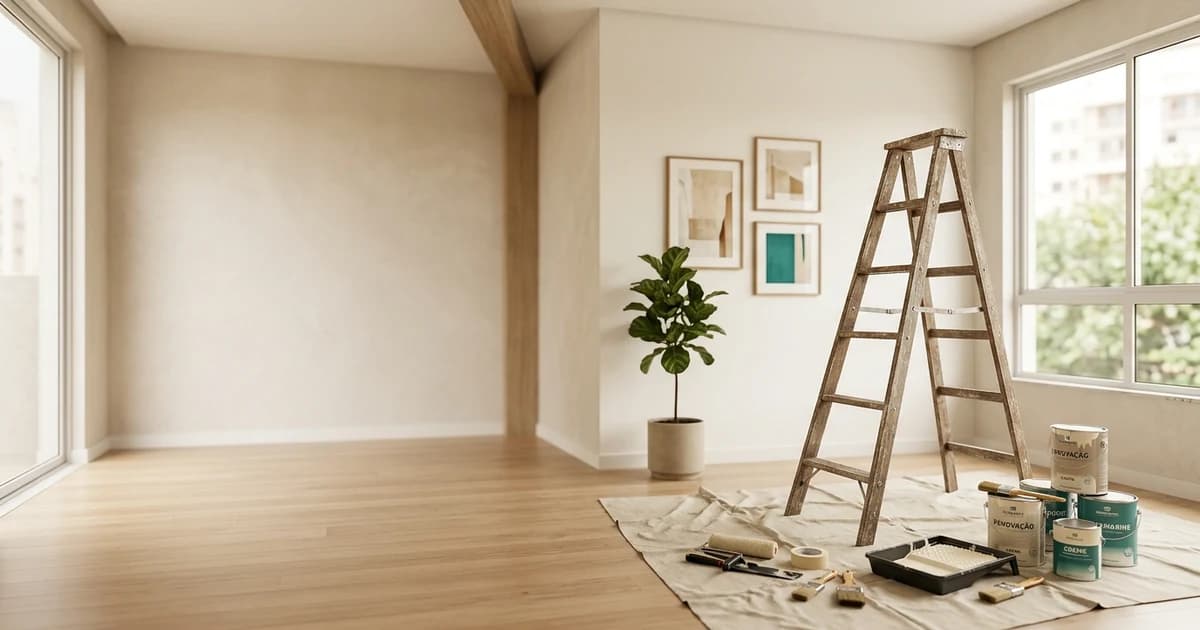 Sala residencial em reforma, clara e moderna, com materiais de construção organizados e luz natural.