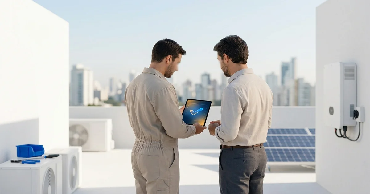 Integrador fotovoltaico apresenta ao cliente, em um tablet, uma proposta única que reúne equipamento solar e serviço de instalação.