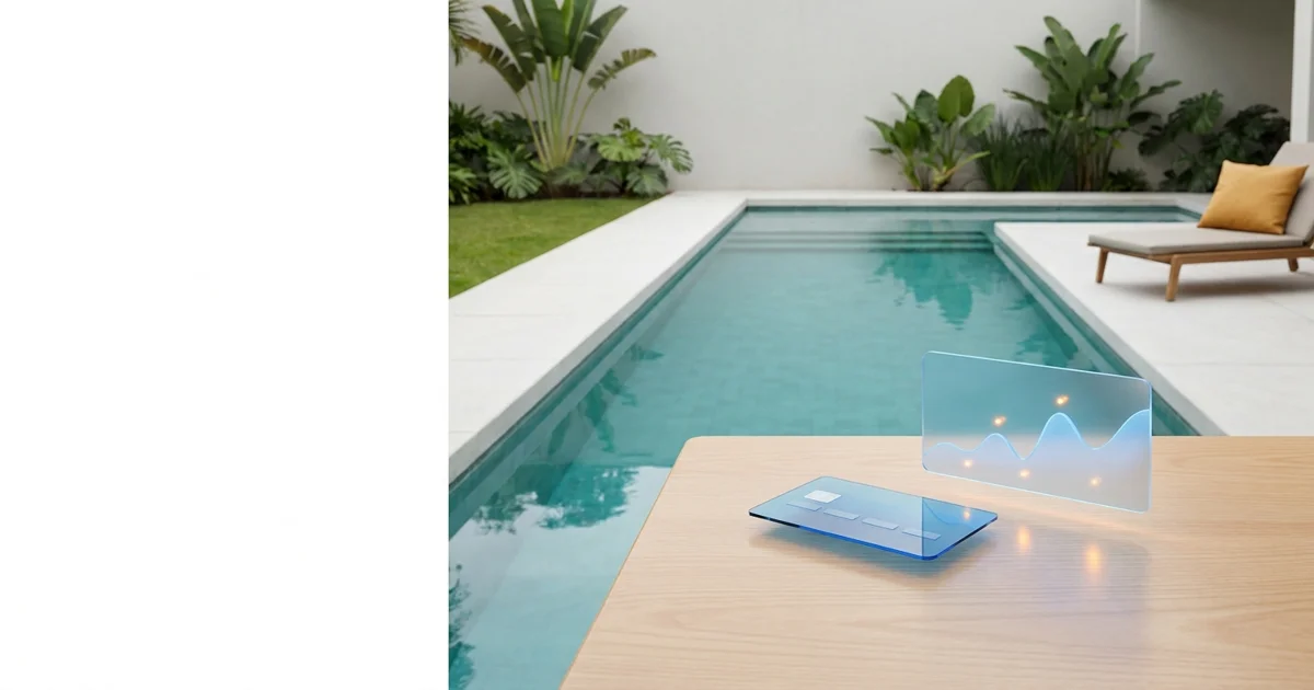 Piscina residencial moderna em quintal de casa, com deck de madeira e paisagismo, sob luz natural.