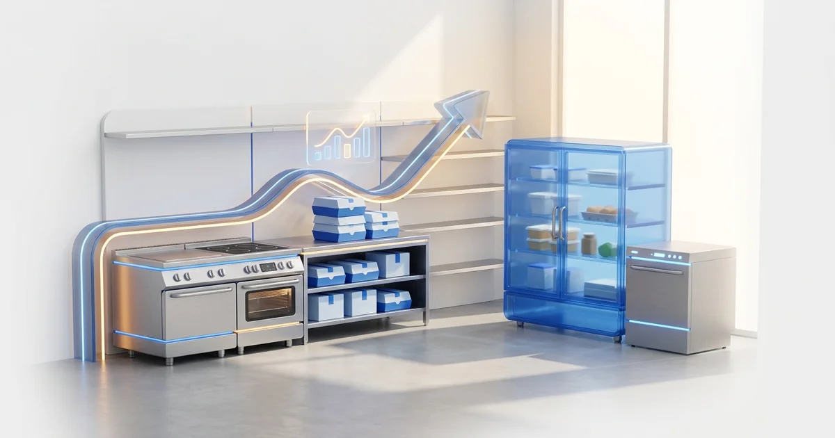 Cozinha de dark kitchen em operação, com equipamentos de cocção e painel solar comercial ao fundo, representando crédito para equipar a operação de delivery.