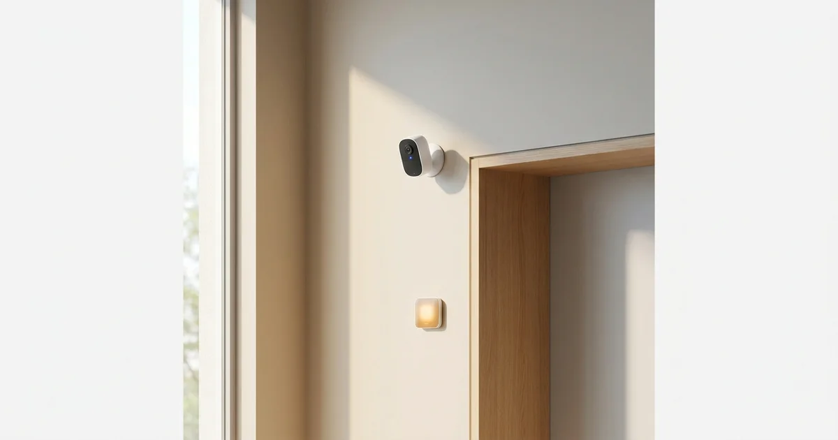 Câmera de segurança discreta instalada na entrada de uma residência moderna, com luz natural do fim de tarde.