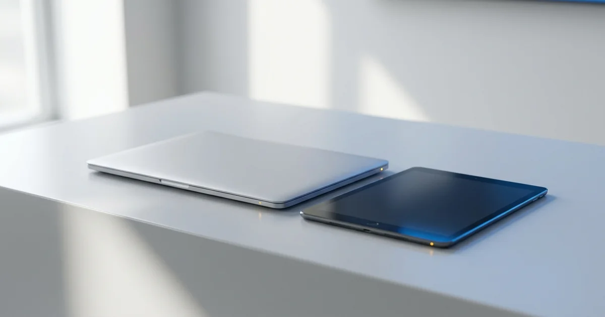 Vendedor de loja de eletrônicos apresenta tablet e notebook juntos ao cliente no balcão, com aprovação de crédito na tela.