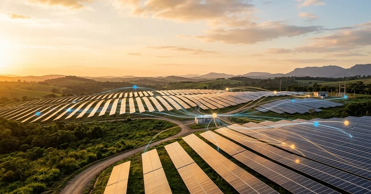 Vista aérea de bairro residencial com telhados solares e infraestrutura de recarga de veículos elétricos ao entardecer.