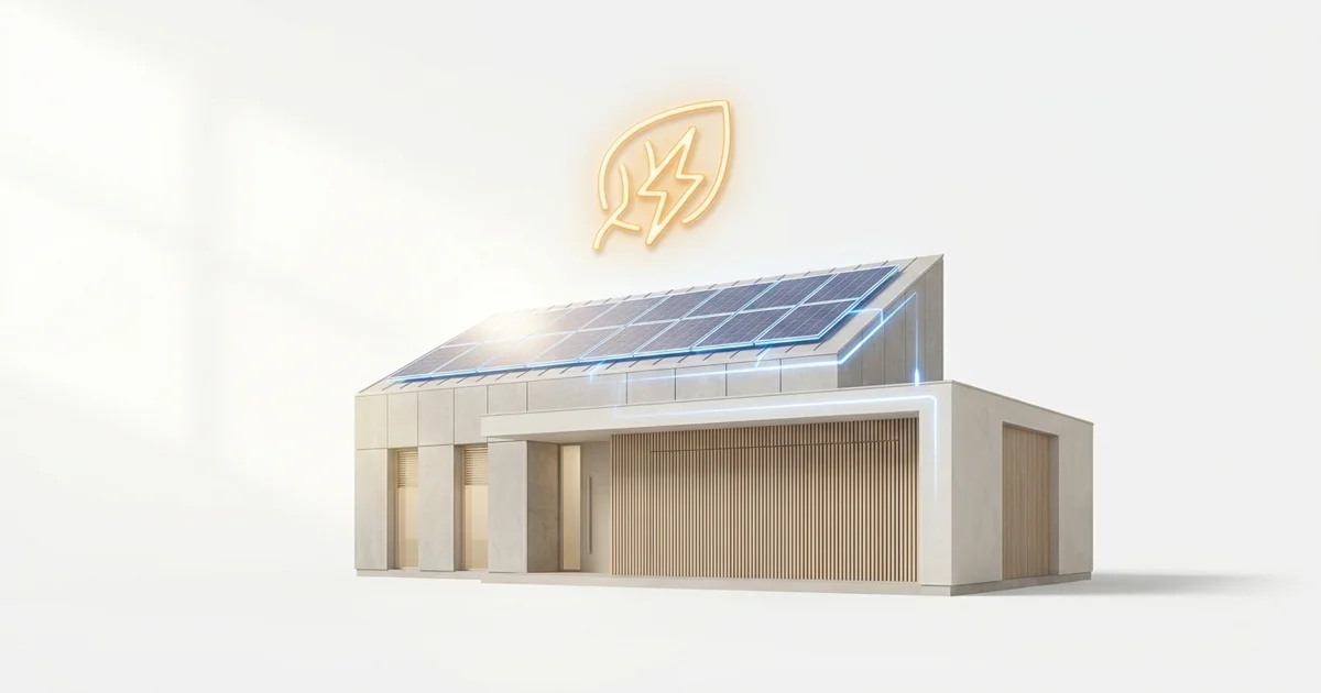 Casa residencial moderna e clara, com luz natural entrando pelas janelas e painel solar visível no telhado, representando eficiência energética residencial.