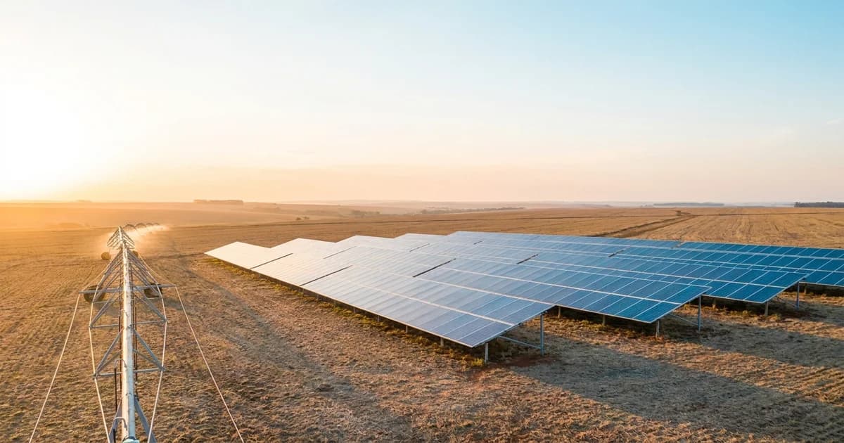 Vista aérea de propriedade rural com pivô central de irrigação e painéis solares instalados ao fundo, sob luz dourada de fim de tarde.