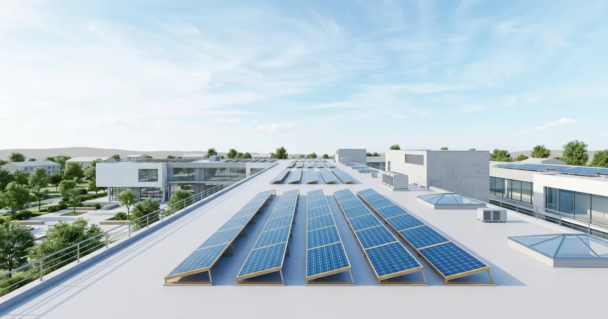 Escola particular de porte médio com pátio arborizado e painéis solares fotovoltaicos instalados no telhado, em luz de início de manhã.
