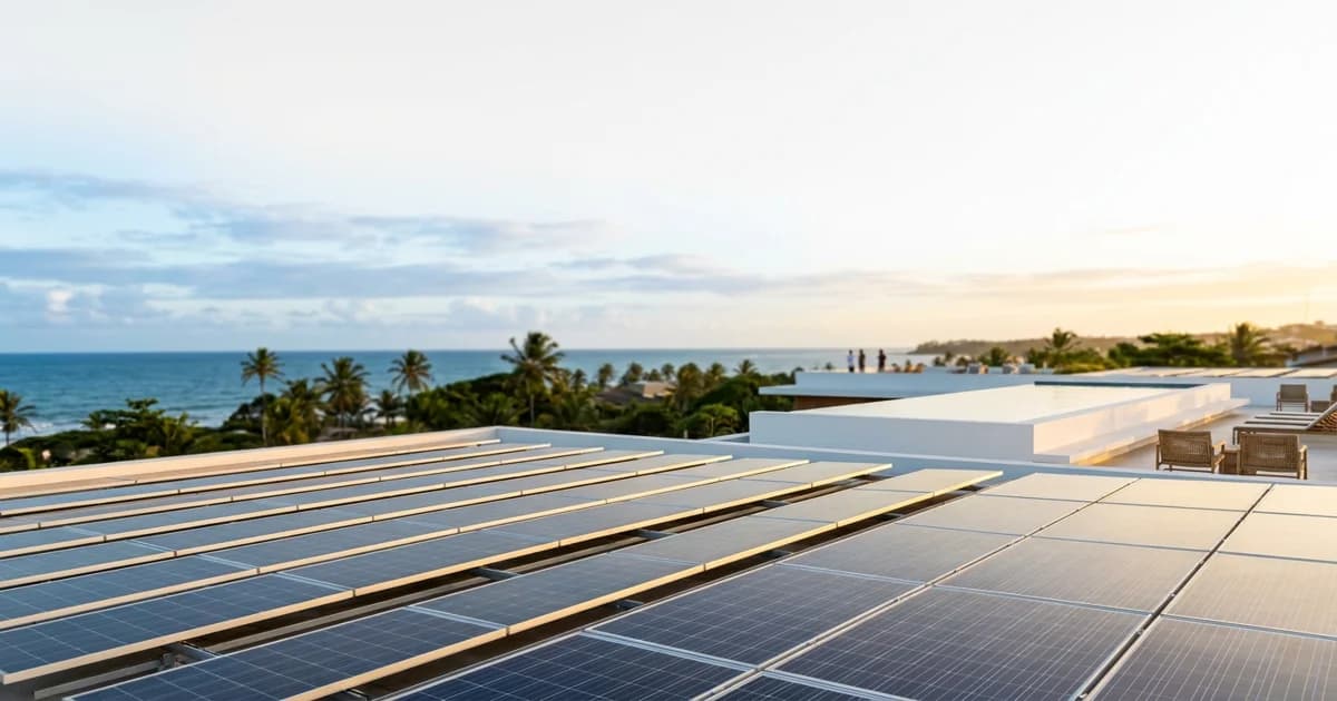 Pousada de médio porte com piscina e área externa, telhado coberto por painéis solares fotovoltaicos, no fim de tarde.