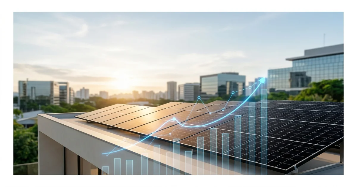 Painéis solares fotovoltaicos instalados em telhado residencial com luz solar intensa ao fundo, representando o investimento em energia solar em 2026.