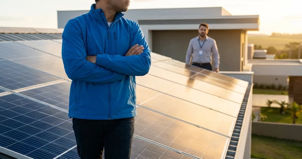 Integrador fotovoltaico apresenta proposta em tablet para cliente em reunião de fechamento de sistema solar.