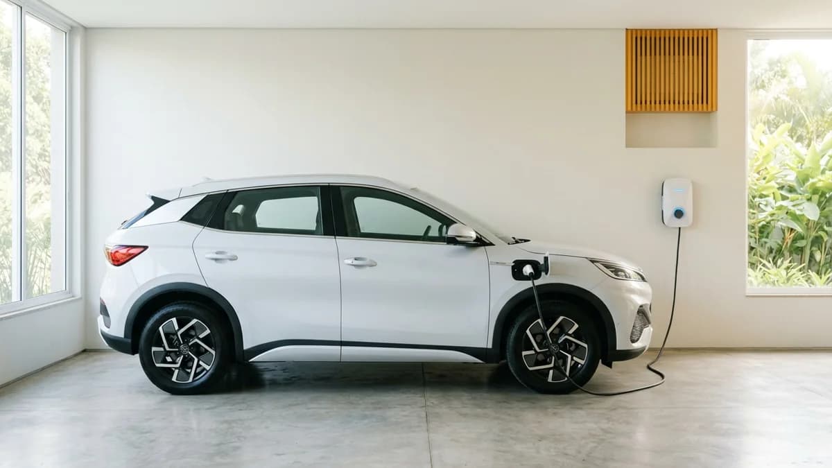 Veículo elétrico branco conectado a um carregador wallbox montado na parede de uma garagem residencial.
