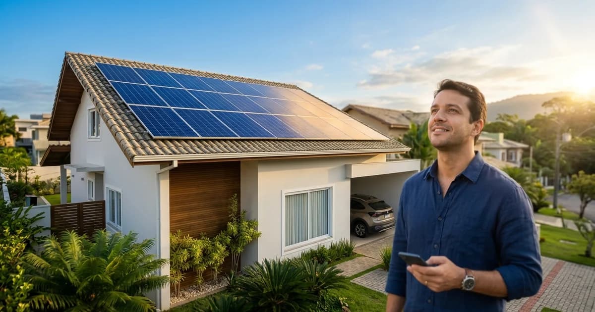 Sistema fotovoltaico instalado no telhado de uma residência brasileira, com céu limpo e luz natural.
