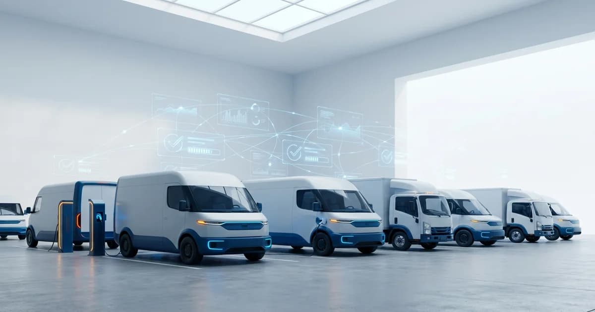 Frota de veículos elétricos brancos conectados a carregadores em estacionamento corporativo com teto solar ao fundo.
