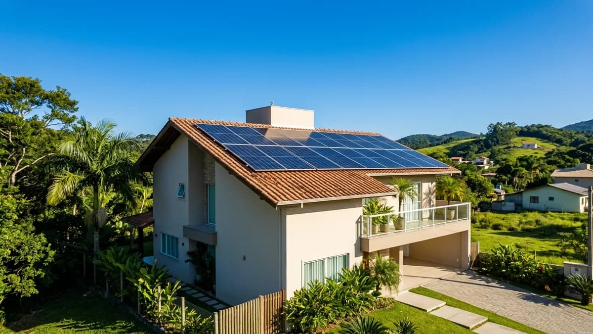 Painéis solares fotovoltaicos instalados em telhado residencial sob céu aberto em um dia ensolarado no Brasil.