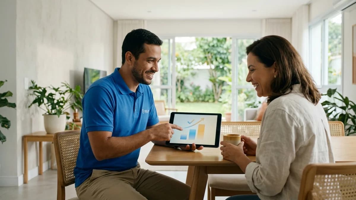 Integrador apresenta a proposta de financiamento solar em um tablet para o cliente, durante o fechamento da venda.