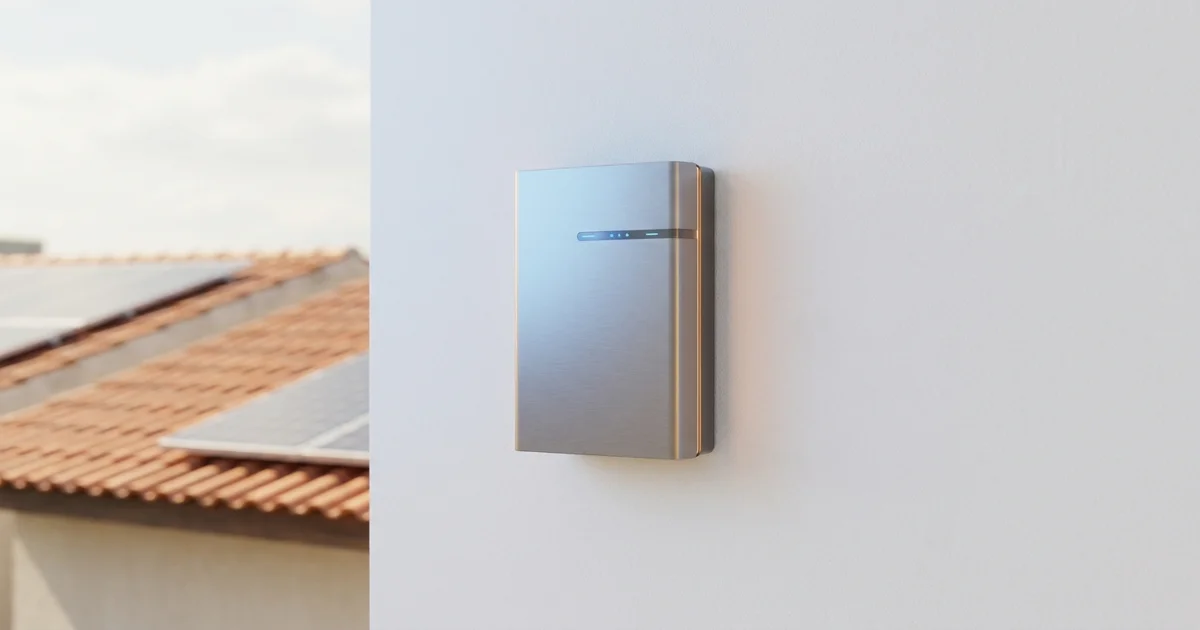 Técnico ajustando um inversor solar montado na parede externa de uma residência brasileira, com painéis solares visíveis no telhado ao fundo, sob luz de fim de tarde.