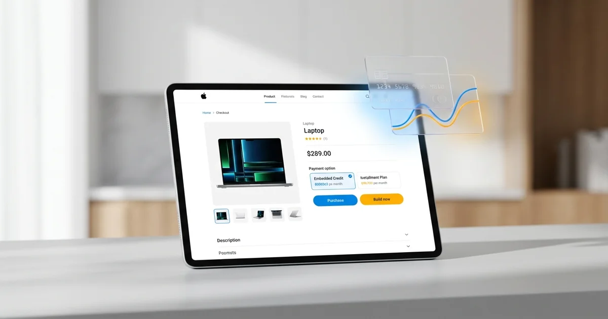 Tela de checkout digital de marketplace de eletrônicos com a opção de crédito aprovado em destaque, ao lado de smartphone e notebook.