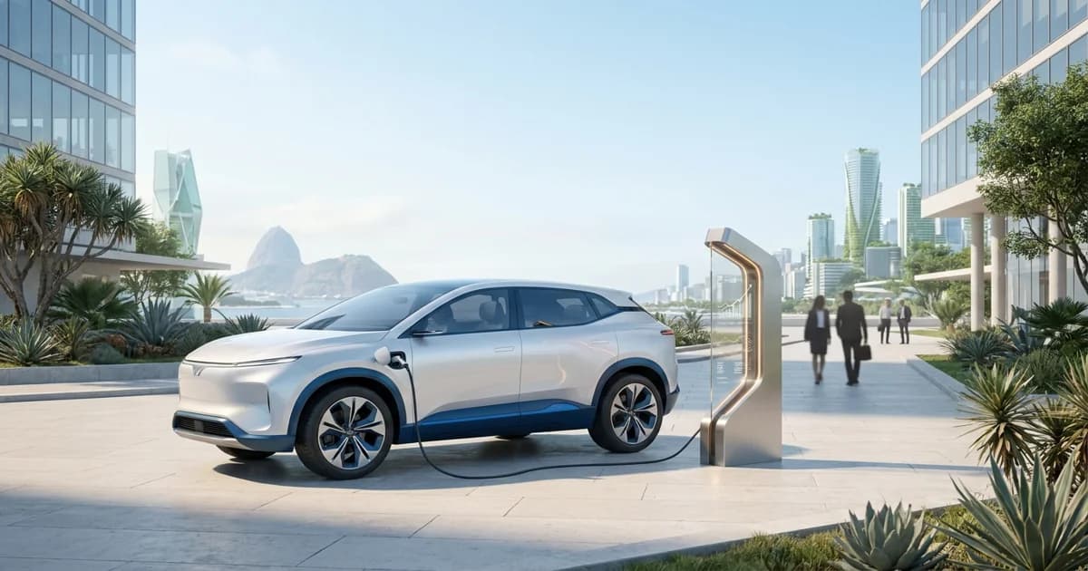 Frota de veículos elétricos estacionados em carregadores urbanos, com painéis de recarga iluminados ao fundo, representando o crescimento do mercado de mobilidade elétrica no Brasil.