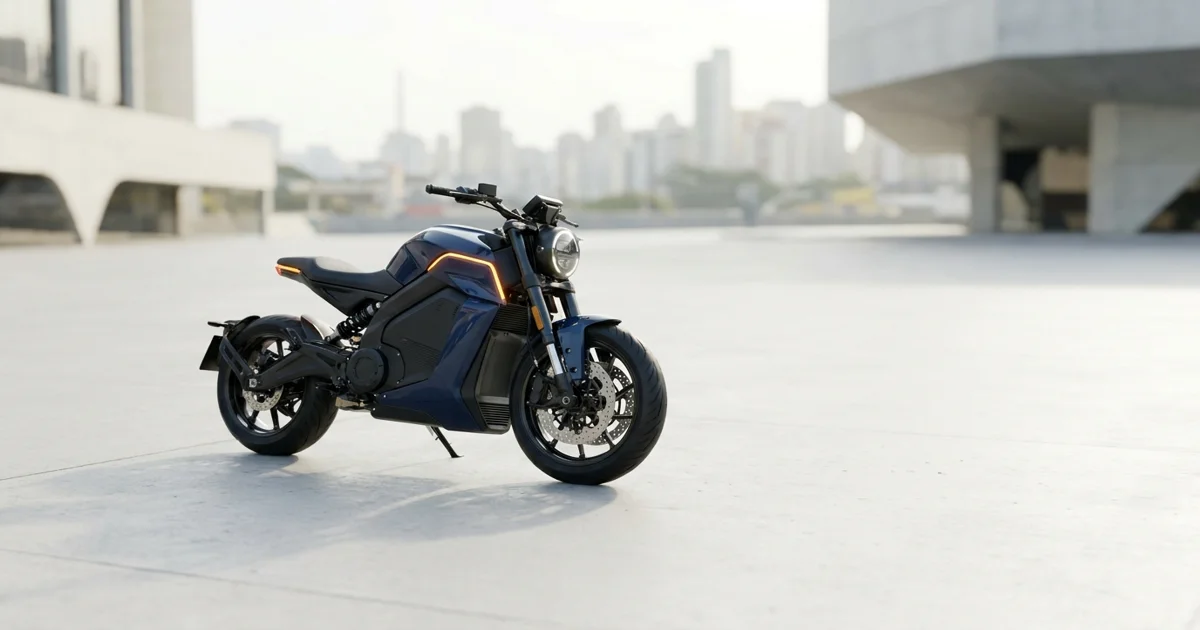 Entregador de aplicativo parado ao lado de moto elétrica em via urbana, próximo a um ponto de recarga.