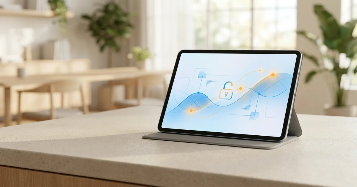 Tela de aprovação de crédito digital com ícones de dados e decisão, em uma interface azul e minimalista de fintech.