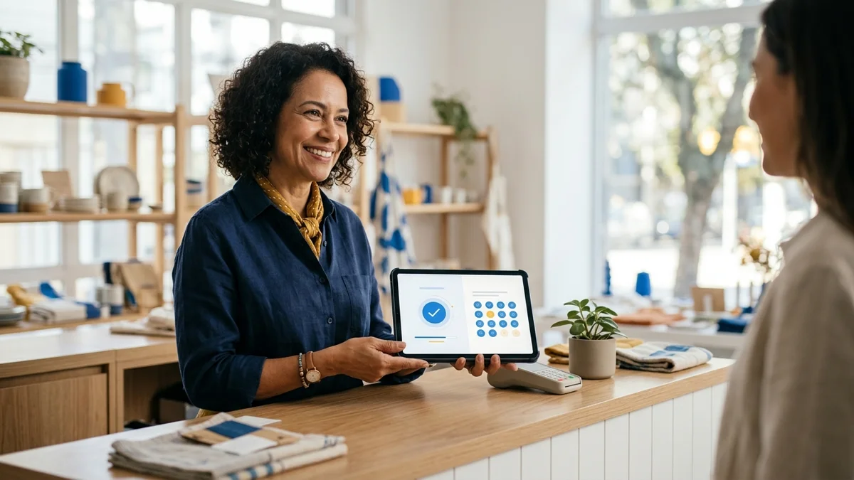 Vendedor finaliza uma venda a prazo em um tablet, no balcão de uma loja moderna.