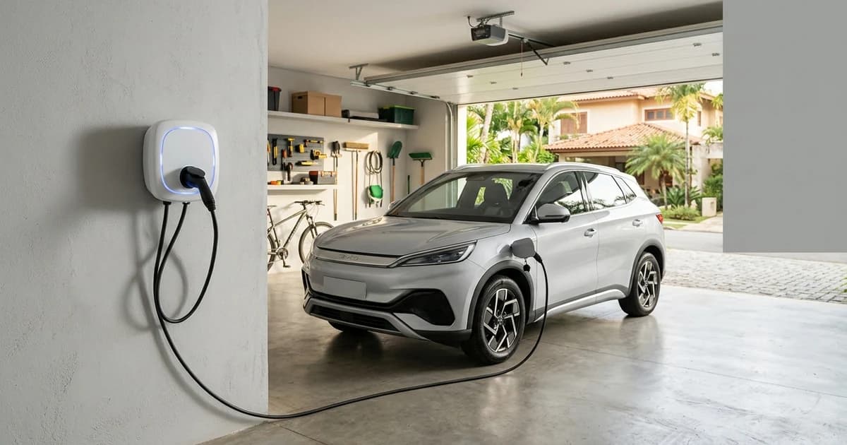 Wallbox residencial montado na parede de uma garagem de casa com um veículo elétrico conectado para recarga ao fim da tarde.