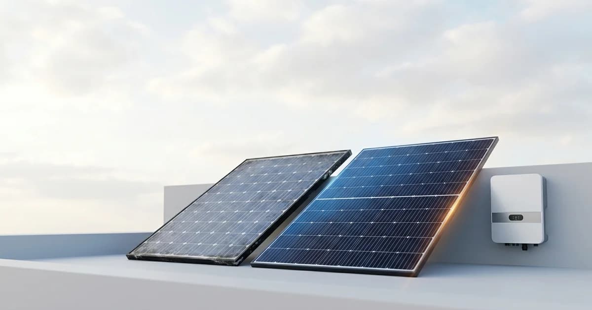 Técnico substituindo um inversor solar antigo na parede externa de uma residência brasileira, com painéis solares de alguns anos de uso visíveis no telhado ao fundo, sob luz de fim de tarde.